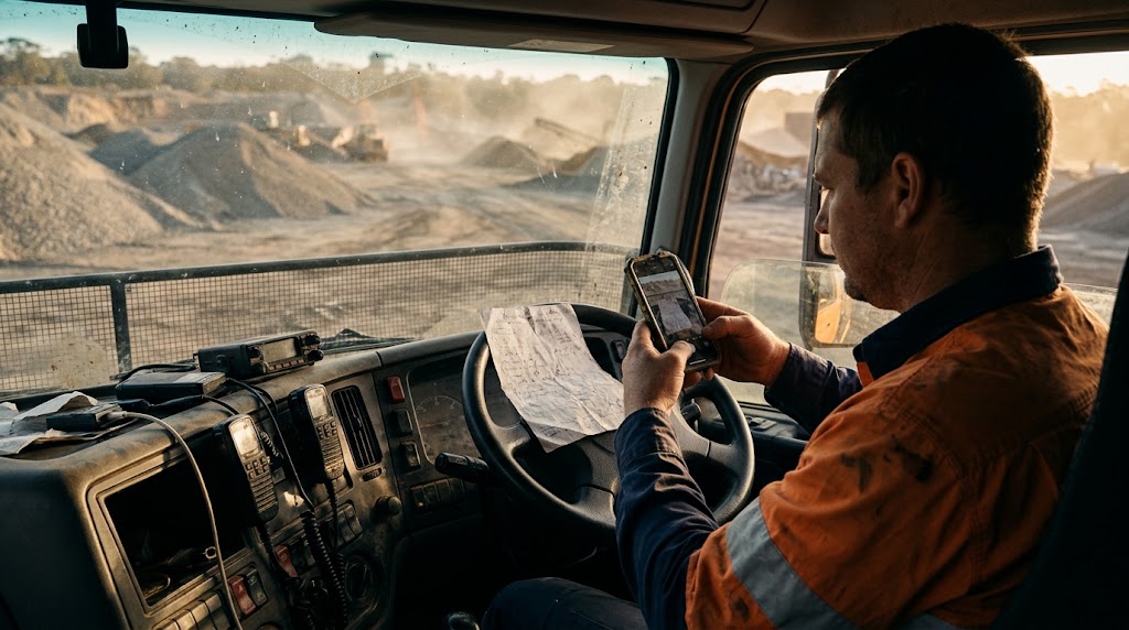 Driver photographing a docket in a truck cab