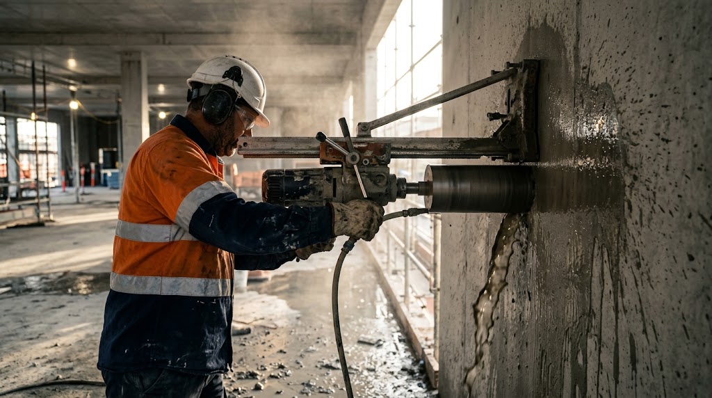 Concrete coring operator drilling a wall